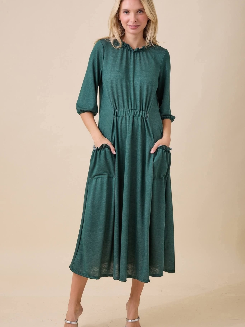 Celeste Dark Teal Midi Dress with Pockets